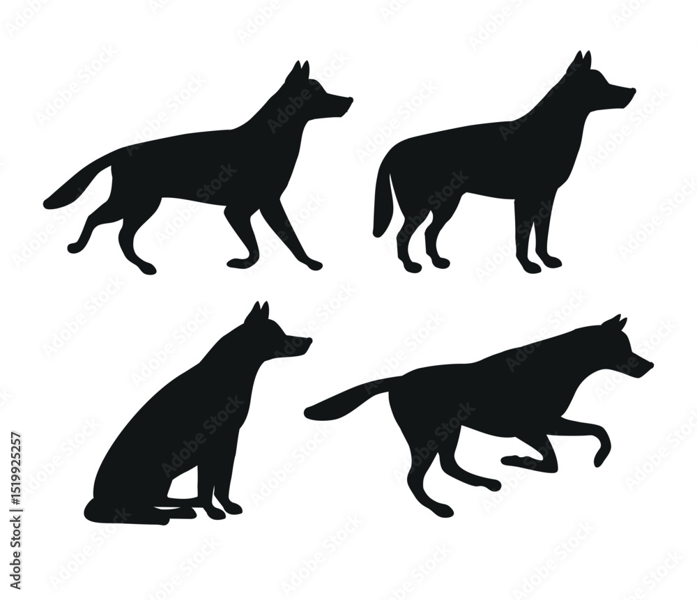 Vector set of flat hand drawn shepherd dog silhouette isolated on white background Vector set of flat hand drawn shepherd dog silhouette isolated on white background