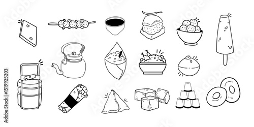 Indian Culture Doddle,Street food icon collection pack,local food collection,chai,dhokla, Hand drawn collection,menu card design element,vada pav 