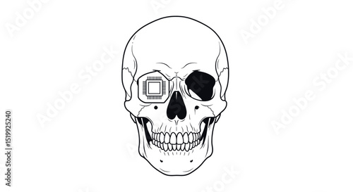 Detailed Illustration Of A Skull With A Technological Eye Isolated On White Background
