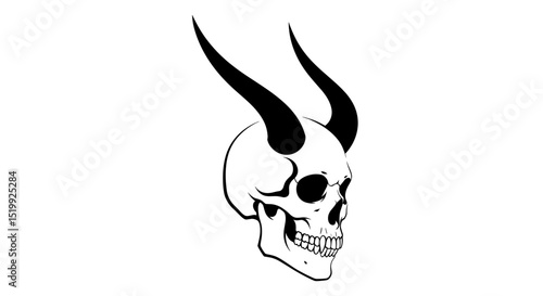 Intricate Black Skull Design with Prominent Horns and Eerie Expression Isolated on White Background
