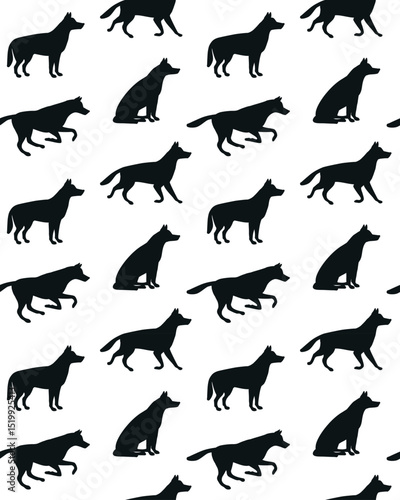 Vector seamless pattern of flat shepherd dog silhouette isolated on white background