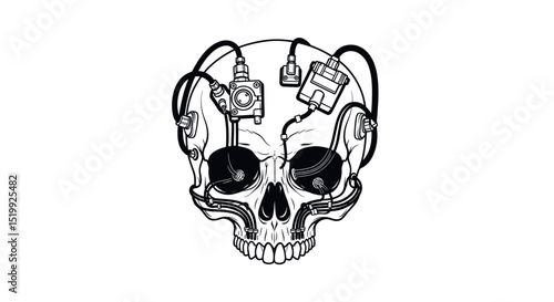 Tech Infused Skull Illustration with Headphones and Electronic Devices Isolated on White Background
