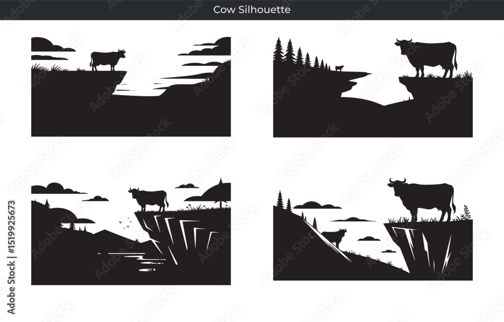 Naklejka premium Illustrative cow silhouettes standing on cliff edges with landscape backgrounds in nature