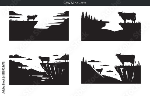Illustrative cow silhouettes standing on cliff edges with landscape backgrounds in nature