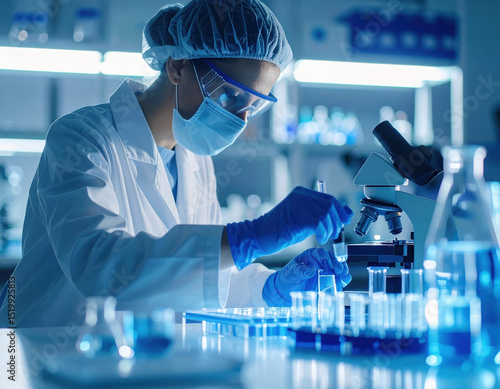 Dedicated scientist in pristine white attire, complete with safety goggles and gloves, meticulously conducts experiments in modern laboratory filled with glassware and scientific equipment