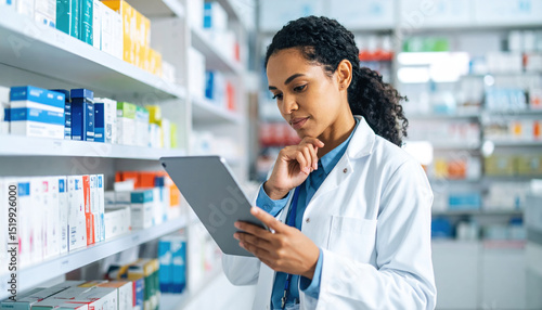 Female pharmacist carefully reviews prescription on digital tablet while surrounded by shelves of medication, showcasing her dedication and professionalism in pharmacy setting
