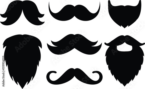 Silhouette vector set of beards and mustaches in various iconic shapes, perfect for male grooming brands, character design, and barbershop or retro-themed artwork