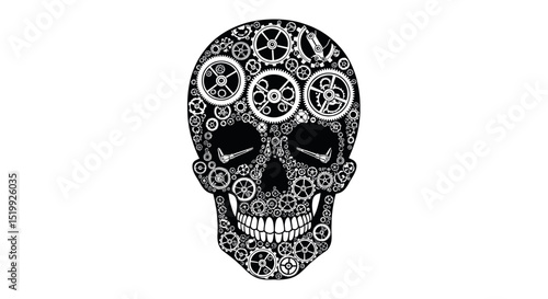 Intricate Skull Illustration Featuring Mechanical Gears and Patterns Isolated on White Background