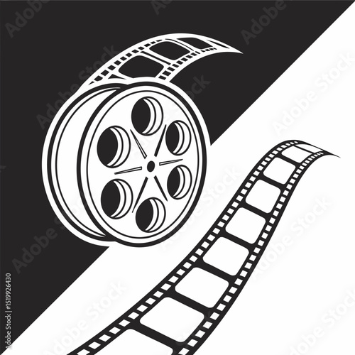Film Reel and Filmstrip on a Black and White Background