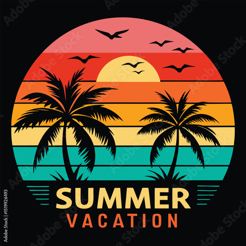 Enjoy Summer Vacation Retro Palm Tree Sunset Design, Colorful Summer Travel T-Shirt Art with Retro Vibes. Retro Sunset Palm Trees Summer Vacation Graphic Vector Design.