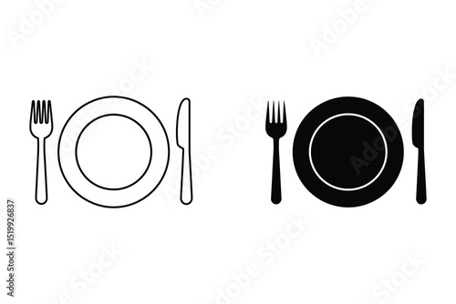 Minimalist dinner set plate fork and knife vector illustration dining tableware kitchen utensil design