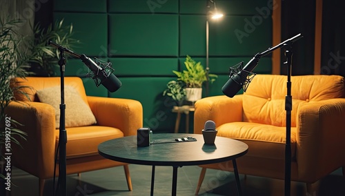 Cozy podcast studio with two armchairs and microphones