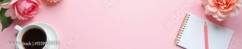 Pastel pink desk setup; blank paper, coffee, pencil, flower, notebook, business concept, flat lay, pink,  organized,  workspace