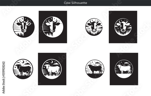 Elegant cow silhouette design with moon stars and grass for farm branding