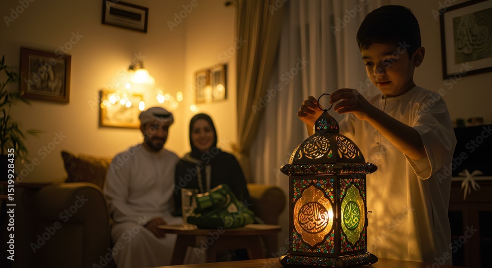 Obraz premium Family Celebrating Ramadan at Home with a Beautiful Lantern