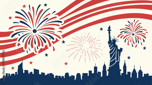 Colorful vector illustration of city fireworks celebration over a New York City urban skyline silhouette at night