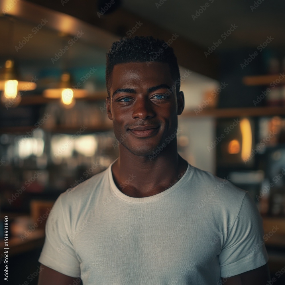 Portrait of a smiling young black man with captivating blue eyes at a cafe Portrait of a smiling young black man with captivating blue eyes at a cafe
