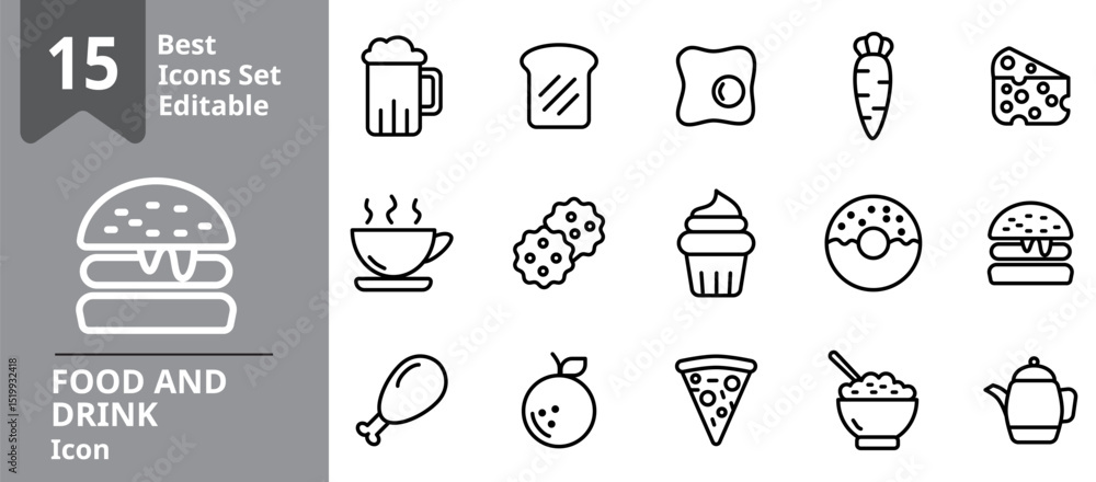Set of Food And Drinks icons. Icons Contains beer, bread, egg, cupcake, rice, etc . Design elements for you projects. Editable stroke vector illustration Set of Food And Drinks icons. Icons Contains beer, bread, egg, cupcake, rice, etc . Design elements for you projects. Editable stroke vector illustration