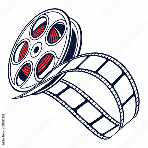 Film Reel with Red Film and Winding Filmstrip on a White Background