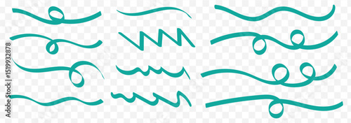 Blue highlight marker lines, highlighters pen acid strokes. Underline brush or pen line for text, scribble permanent markers neoteric vector elements on Transparent Background. EPS 10.