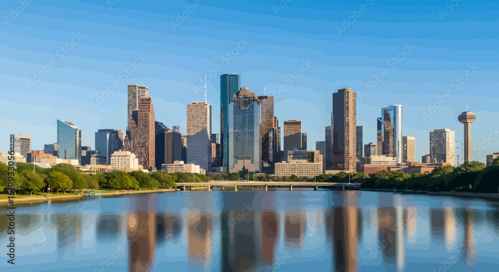 Houston Skyline Reflecting in Calm Water Under a Clear Blue Sky Houston Skyline Reflecting in Calm Water Under a Clear Blue Sky