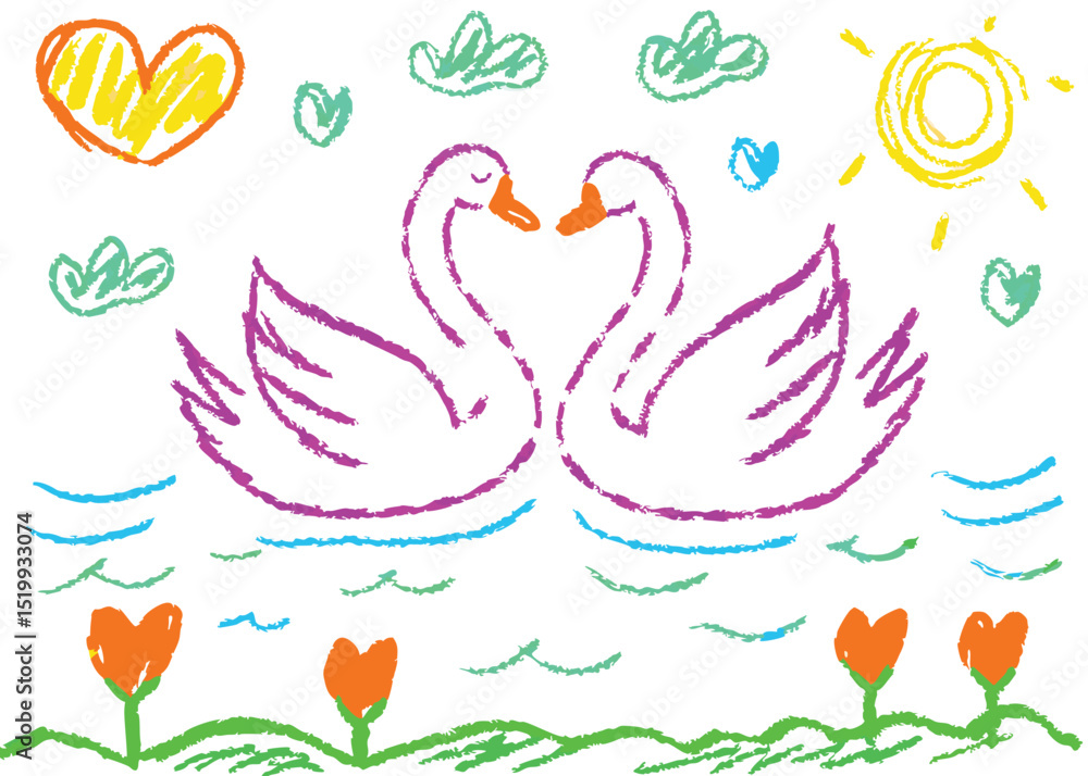 Obraz premium A vector illustration of spring flowers and a cute cartoon swan swimming in nature's heart