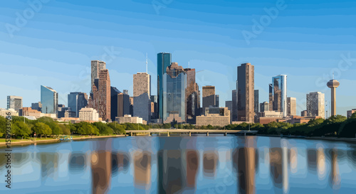 Houston Skyline Reflecting in Calm Water Under a Clear Blue Sky