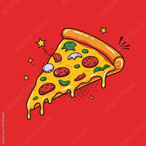 pop art pizza slice icon with dripping cheese and graffiti toppings on vibrant red