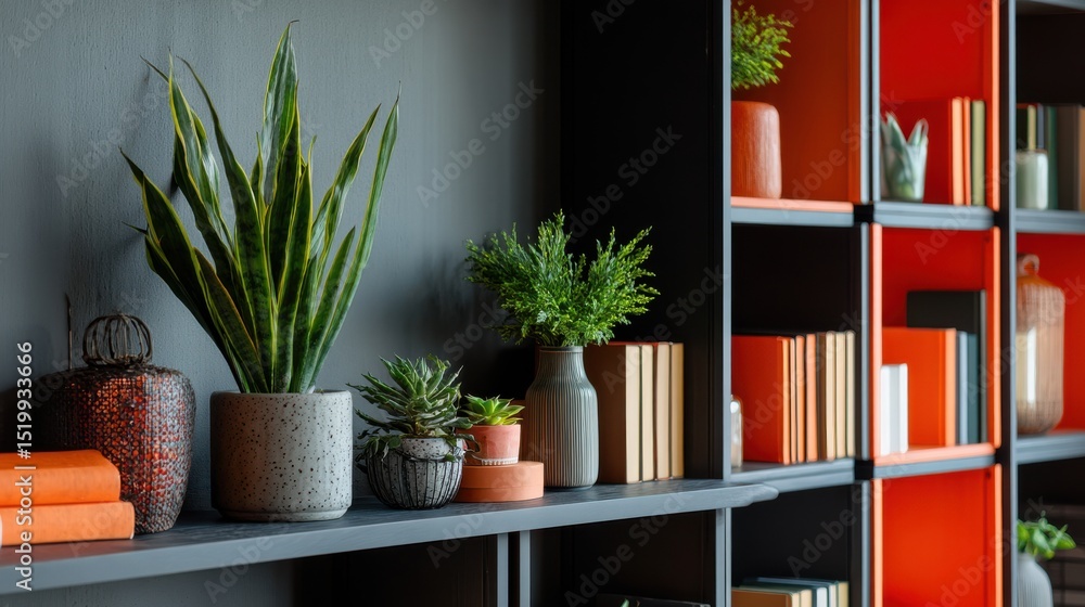 Fototapeta premium Snake plant and small succulents on a gray shelf. Orange books and decor in a modern home office. Calm productivity and sustainable growth. Ideal for branding, blogs, and workplace wellness ads.