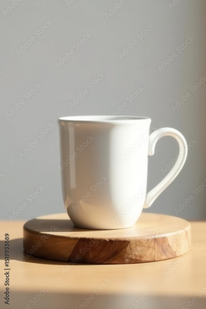 Blank white mug on wooden stand, clean background, item, tableware Blank white mug on wooden stand, clean background, item, tableware