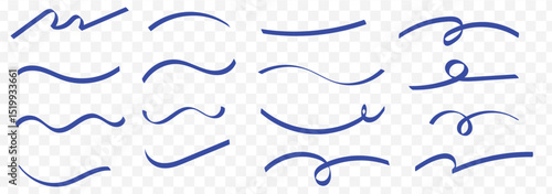 Blue highlight marker lines, highlighters pen acid strokes. Underline brush or pen line for text, scribble permanent markers neoteric vector elements on Transparent Background. EPS 10.
