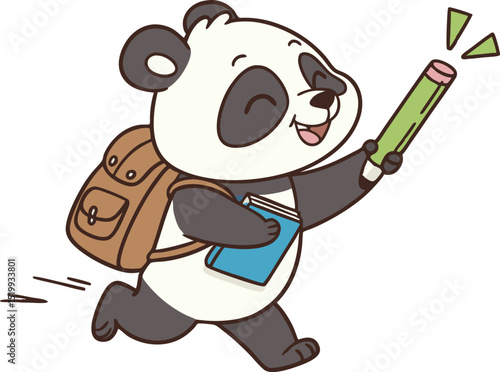 Cartoon panda character running joyfully with a backpack, holding a large pencil and book, perfect for educational illustrations, school campaigns, or back-to-school themed children’s designs