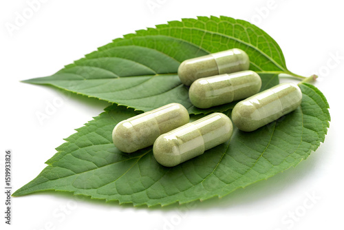 Herbal medicine pills and capsules with green leaves for natural health and wellness ai generated