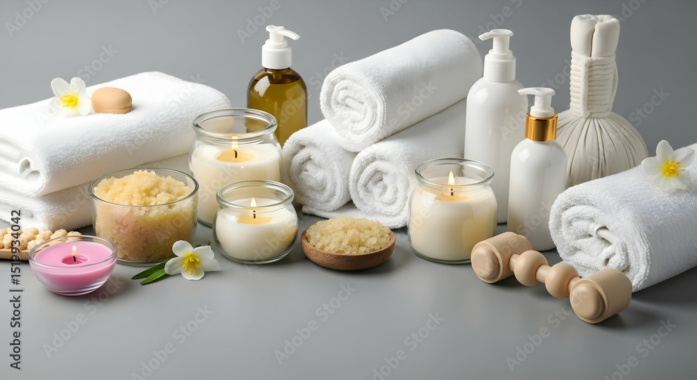 Spa essentials arrangement featuring rolled towels candles essential oils massage tools and fragrant flowers. Spa essentials arrangement featuring rolled towels candles essential oils massage tools and fragrant flowers.