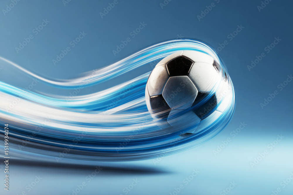 Naklejka premium Soccer ball captured mid-flight against blue background with vivid motion blur forming a sweeping arc, emphasizing speed and direction—ai generative.