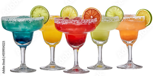 refreshing margaritas with colorful variations isolated on white background