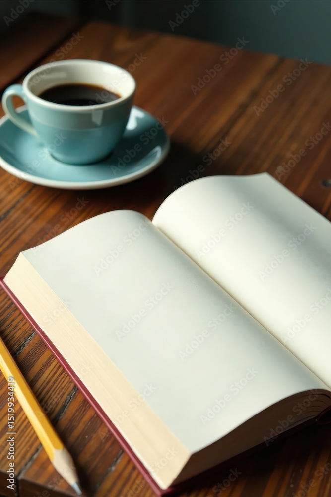 Naklejka premium Closed book, coffee, pencil, wooden table Design mockup , flatlay, background