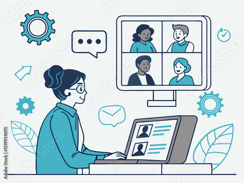 Woman participating in online video conference meeting