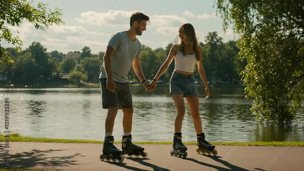 Romantic Couple Enjoying Inline Skating by the Lake on Sunny Day, Outdoor Recreation Romantic Couple Enjoying Inline Skating by the Lake on Sunny Day, Outdoor Recreation