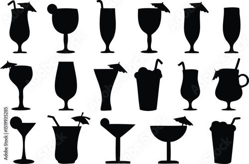 Black and White Silhouette Collection of 18 Cocktail Glasses Illustration