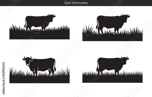 Black cow silhouette images grazing in grassy fields with different poses and arrangements