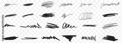 Set of black hand drawn marker pen stroke line transparent background design element doodle scribble underline on Transparent Background. EPS 10.