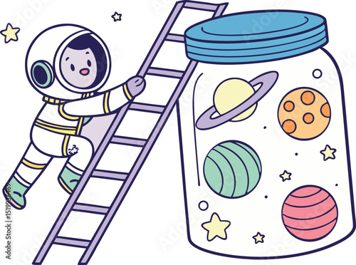 Cute Astronaut Climbing to Space Jar with Planets Illustration
