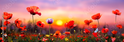 Poppies In Field At Sunset - Defocused Background