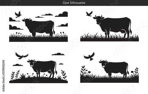 Silhouetted black cows grazing in a meadow with birds and clouds illustration set