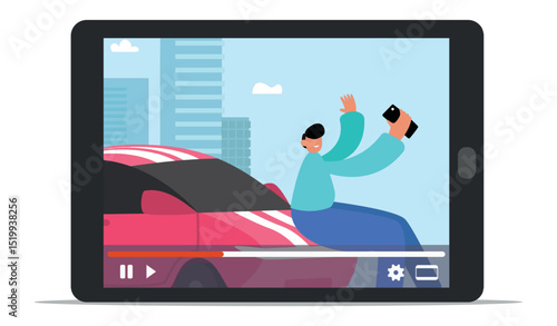 Video blogger sitting on the hood of a vibrant pink sports car, enthusiastically recording a review for followers while playfully waving at the smartphone camera, capturing the urban lifestyle