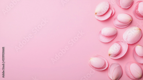 Pink flower petals scattered on a soft pink background, creating a delicate and elegant minimalist composition.