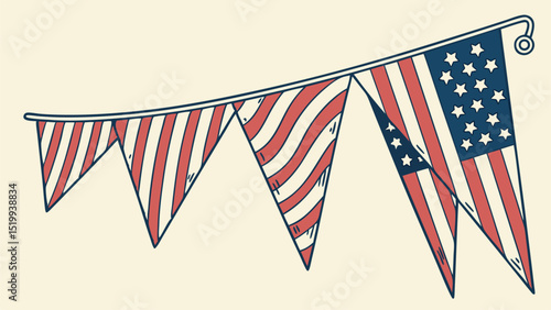 A patriotic bunting featuring american flag designs hanging against a light background surface art