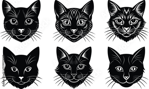 Cat faces set of vector bundle, silhouette, isolated on white background