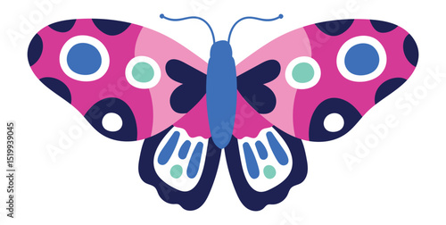 Pink butterfly with blue and dark dotted wings and antennae isolated on white background representing beauty of wildlife and colorful insects in nature